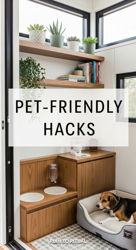 Vertical Pintereststyle image of container home with petfriendly design Centered overlay text reads .jpg