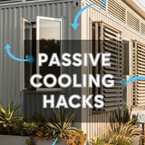 Vertical Pintereststyle image of container home with passive cooling vents Centered overlay text rea
