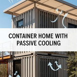 Vertical Pintereststyle image of container home with passive cooling techniques Centered overlay tex