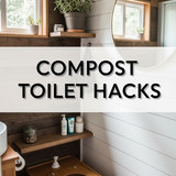 Vertical Pintereststyle image of container home with compost toilet Centered overlay text reads Comp
