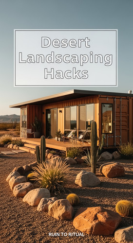 Vertical Pintereststyle image of container home with desert landscaping Centered overlay text reads .jpg