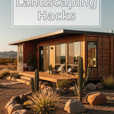 Vertical Pintereststyle image of container home with desert landscaping Centered overlay text reads 
