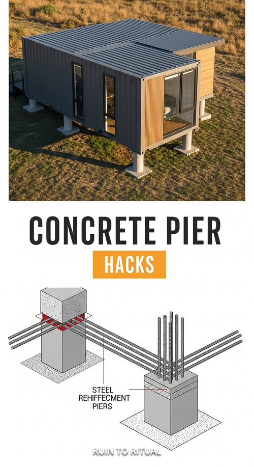 Vertical Pintereststyle image of container home with concrete piers Centered overlay text reads Conc.jpg