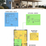 Vertical Pintereststyle image of container home with colorcoded floor plan Centered overlay text rea