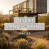 Vertical Pintereststyle image of container home with desert landscaping Centered overlay text reads 