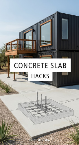 Vertical Pintereststyle image of container home with concrete slab foundation Centered overlay text .jpg