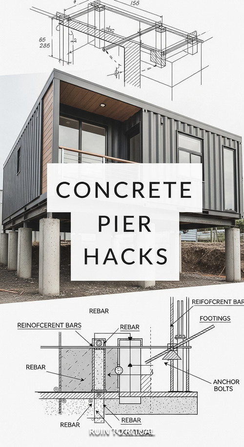 Vertical Pintereststyle image of container home with concrete pier foundation Centered overlay text .jpg