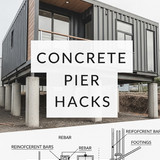 Vertical Pintereststyle image of container home with concrete pier foundation Centered overlay text 