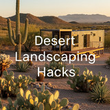 Vertical Pintereststyle image of container home with desert cactus landscaping Centered overlay text