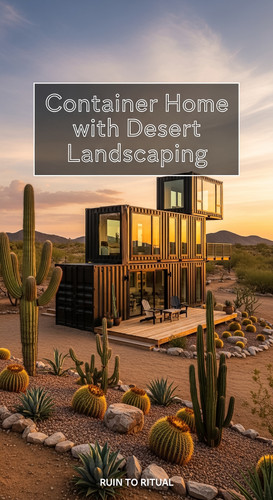 Vertical Pintereststyle image of container home with desert landscaping and cactus garden Centered o.jpg