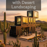 Vertical Pintereststyle image of container home with desert landscaping and cactus garden Centered o