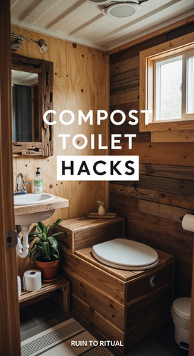 Vertical Pintereststyle image of container home with compost toilet Centered overlay text reads Comp.jpg
