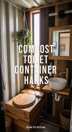 Vertical Pintereststyle image of container home with compost toilet Centered overlay text reads Comp.jpg