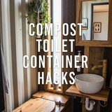 Vertical Pintereststyle image of container home with compost toilet Centered overlay text reads Comp