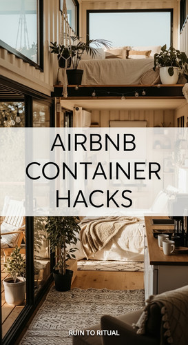 Vertical Pintereststyle image of container home with Airbnb rental setup Centered overlay text reads.jpg