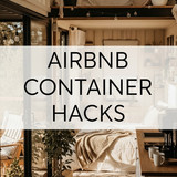Vertical Pintereststyle image of container home with Airbnb rental setup Centered overlay text reads