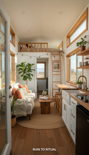 Detailed photo of the interior inside this tiny house showing the modern boho eco style chic inside .jpg