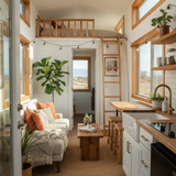 Detailed photo of the interior inside this tiny house showing the modern boho eco style chic inside 