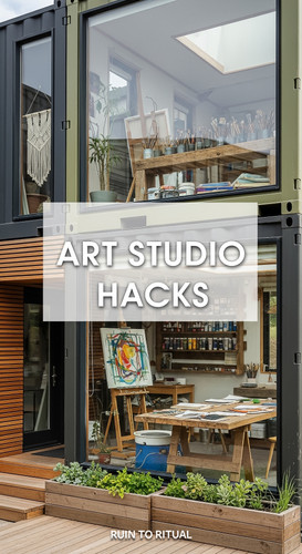 Vertical Pintereststyle image of container home with art studio Centered overlay text reads Art Stud.jpg