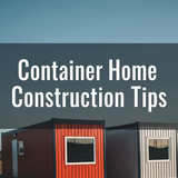 Vertical Pintereststyle image of container home construction steps with labeled diagrams Centered ov