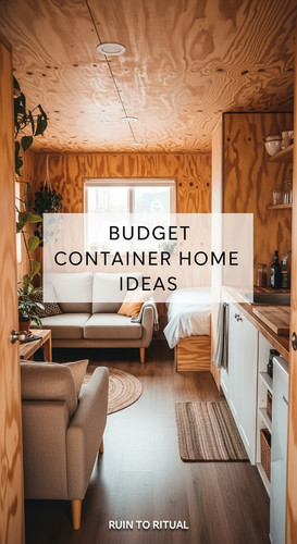 Vertical Pintereststyle image of budgetfriendly container home with plywood interior and basic layou.jpg