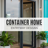 Vertical Pintereststyle image of container home entryway with sliding door and porch Centered overla