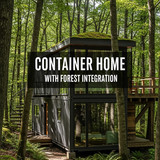 Vertical Pintereststyle image of container home integrated into forest setting Centered overlay text