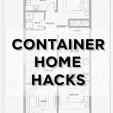 Vertical Pintereststyle image featuring a shipping container home floor plan diagram with semitransp