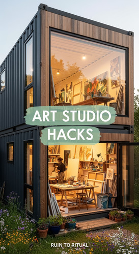Vertical Pintereststyle image of container home with art studio Centered overlay text reads Art Stud.jpg