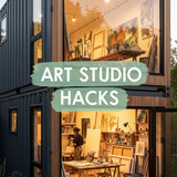 Vertical Pintereststyle image of container home with art studio Centered overlay text reads Art Stud