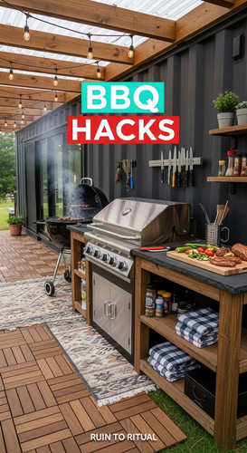 Vertical Pintereststyle image of container home with BBQ station Centered overlay text reads BBQ Hac.jpg