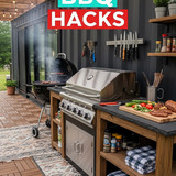 Vertical Pintereststyle image of container home with BBQ station Centered overlay text reads BBQ Hac