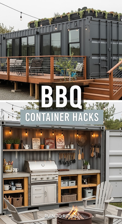 Vertical Pintereststyle image of container home with BBQ station Centered overlay text reads BBQ Con.jpg