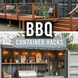 Vertical Pintereststyle image of container home with BBQ station Centered overlay text reads BBQ Con