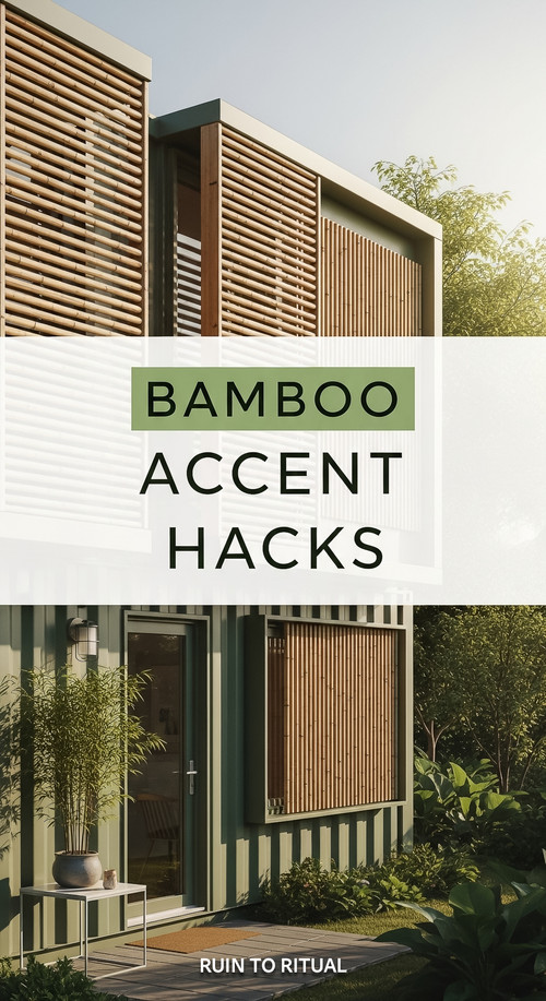 Vertical Pintereststyle image of container home with bamboo accents Centered overlay text reads Bamb.jpg
