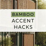 Vertical Pintereststyle image of container home with bamboo accents Centered overlay text reads Bamb