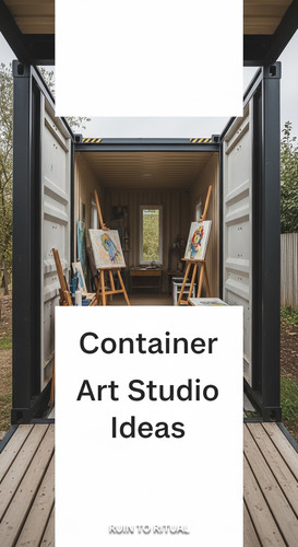Vertical Pintereststyle image of container home with art studio interior Centered overlay text reads.jpg