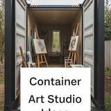 Vertical Pintereststyle image of container home with art studio interior Centered overlay text reads