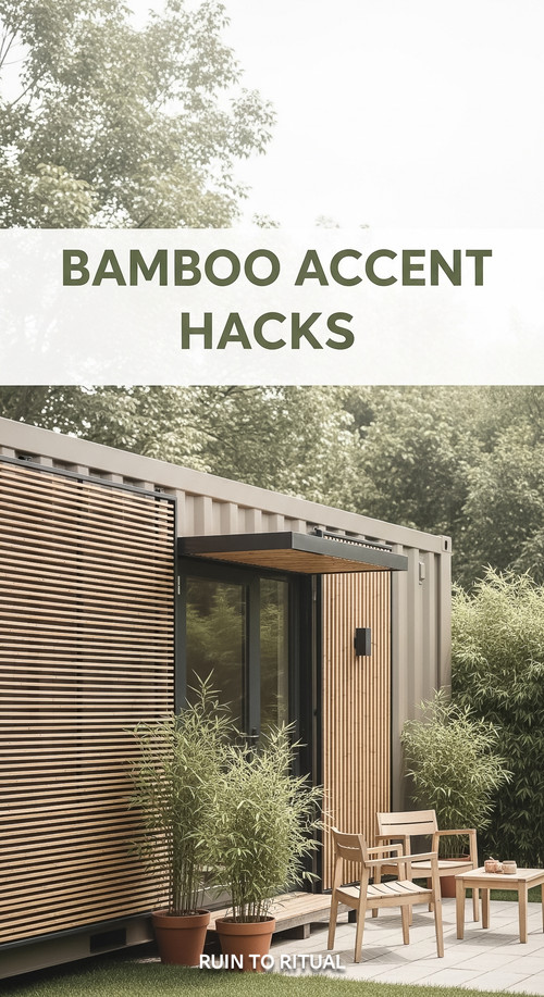 Vertical Pintereststyle image of container home with bamboo accents Centered overlay text reads Bamb.jpg