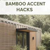 Vertical Pintereststyle image of container home with bamboo accents Centered overlay text reads Bamb