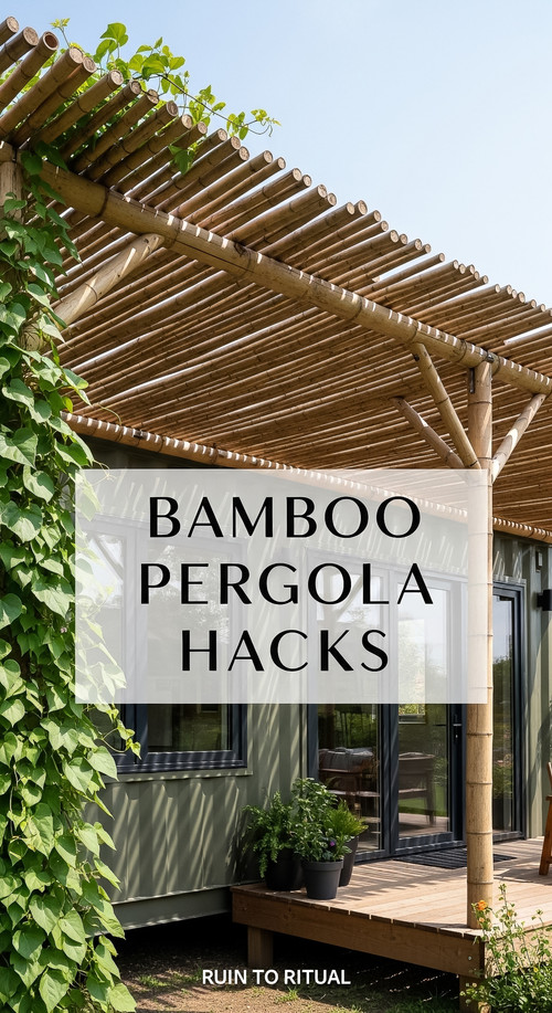 Vertical Pintereststyle image of container home with bamboo pergola roof Centered overlay text reads.jpg