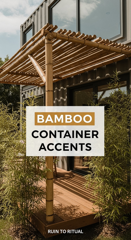 Vertical Pintereststyle image of container home with bamboo pergola Centered overlay text reads Bamb.jpg