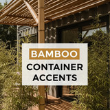 Vertical Pintereststyle image of container home with bamboo pergola Centered overlay text reads Bamb