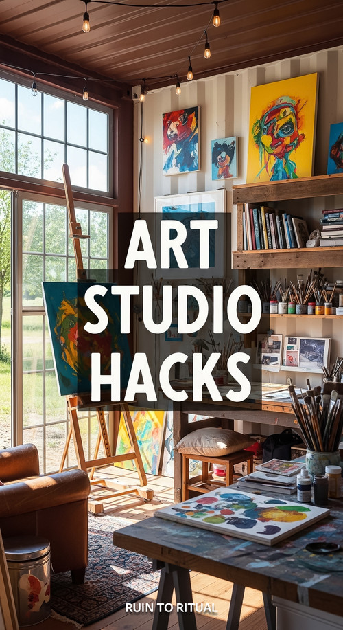 Vertical Pintereststyle image of container home with art studio interior Centered overlay text reads.jpg