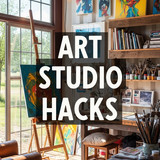 Vertical Pintereststyle image of container home with art studio interior Centered overlay text reads