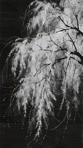 jimeng 2026 02 25 8483 柳树，大面积黑白灰，在黑的画布上，三维粒子，刮刀，随风飘动的枝丫，乔治修拉，梵高....png
