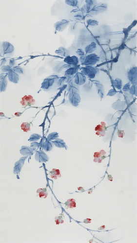 jimeng 2026 01 30 4485 瓷板画，青花釉中彩工笔画，线条为深浅蓝色，枝条蜿蜒，精致各色阶红色小蔷薇花，艺术....png
