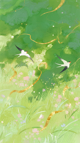 jimeng 2026 02 05 8556 春日里的阳光、草地、微风、飞鸟、金箔岩彩，插画，治愈，春天的配色，绿色，水墨淡彩....png