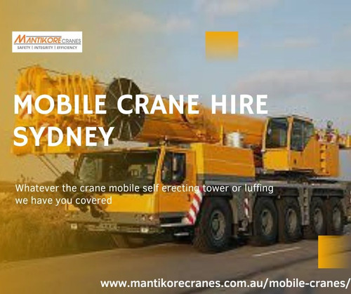 Are you searching for affordable mobile crane hire Sydney services? Your search ends here and you are in the right place. Mantikore cranes are offering you the tower cranes, mobile cranes, self-erecting, and electric luffing cranes. Our professionals will provide you the effective solutions and reliable services that can help you to solve technical problems that might occur sometimes. Crane is mostly used in the world. So Mantikore cranes are one of the best companies which provide high-quality Crane with Competitive Price. Hire now: 1300626845 and contact us: 
	
•	Website: https://mantikorecranes.com.au/mobile-cranes/
•	Email:   info@mantikorecranes.com.au
•	Address:  PO BOX 135 Cobbitty NSW, 2570 Australia
•	Opening Hours:  Monday to Friday from 7 am to 7 pm