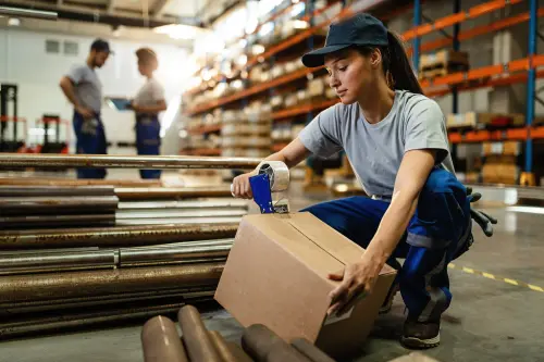 female warehouse worker taping cardboard box with tape dispenser before shipment.webp